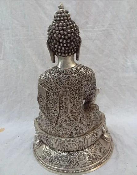 YM 322 1" Китайский серебряный Shakyamuni Joss Тибетский дракон халат с капюшоном статуя Будды медитации