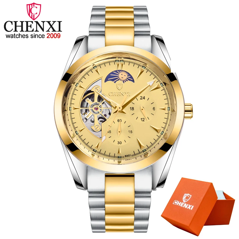 Golden in Box CHENXI деловые часы Мужские автоматические светящиеся часы Мужские Турбийон водонепроницаемые механические часы мужские Reloj Mecanico de Hombres - Цвет: Golden in Box