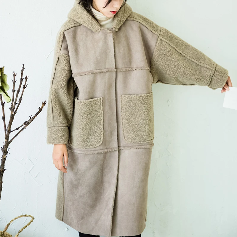 

Suede Winter Coat Women Warm Fleece Long Sleeve Hooded Female Coat Autumn Casaco Feminino High Street Coat Long Manteau Femme