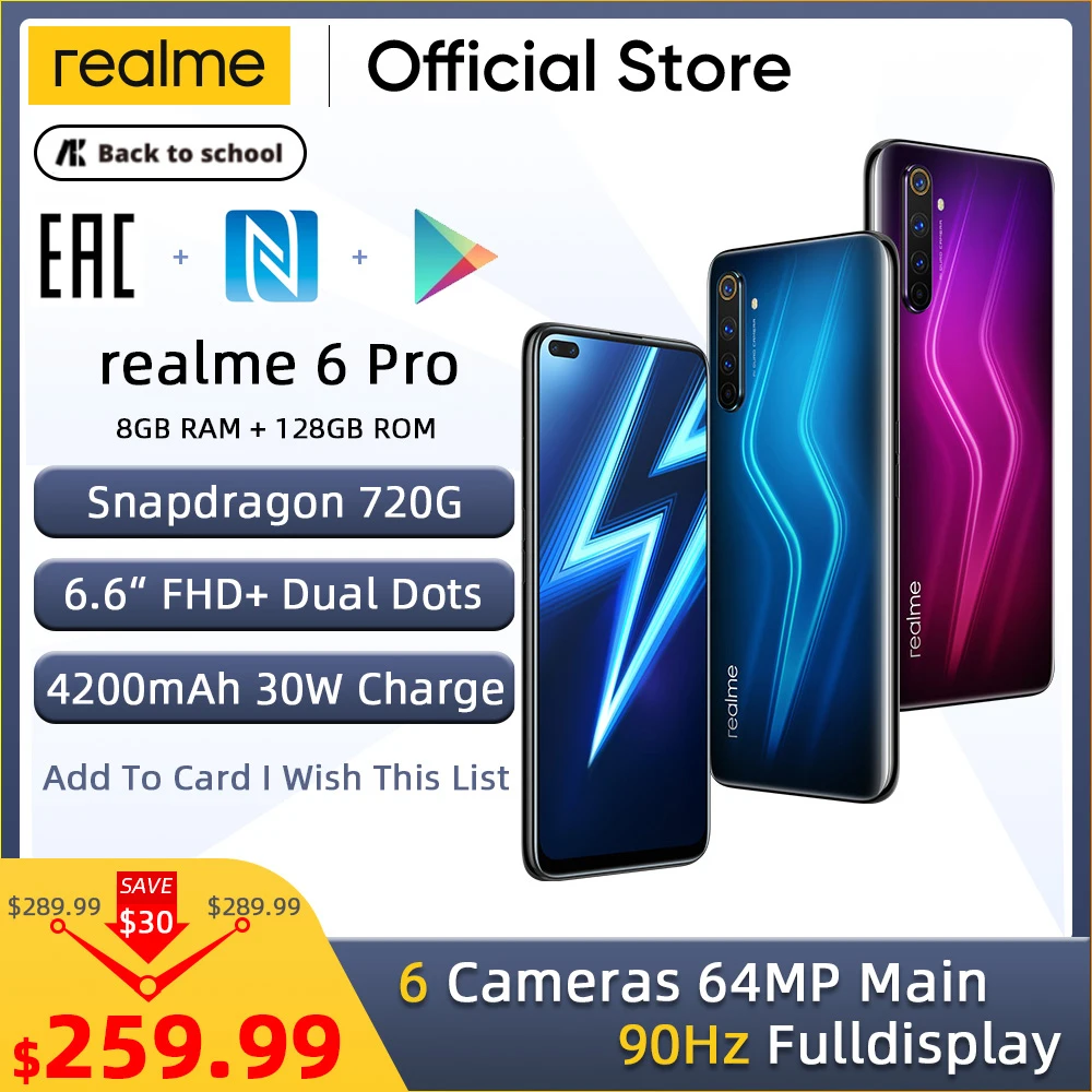  realme 6 Pro разблокированный телефон 8 ГБ ОЗУ 128 Гб ПЗУ мобильный телефон Snapdragon 720G 30 Вт флеш-зарядка 4200 мАч аккумулятор 64MP камера смартфоны 
