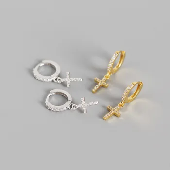 

dia.6.5mm 100% Authentic 925 Sterling silver Gold White religion Cross hoop Huggie earrings zirconia set FINE jEWELRY TLE686