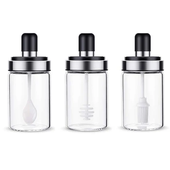 

Kitchen Glass Seasoning Bottle Salt Storage Box Spice Jar Condiment Cruet Bottle,Kitchen Supplies with Serving Spoon,Set of 3 Di