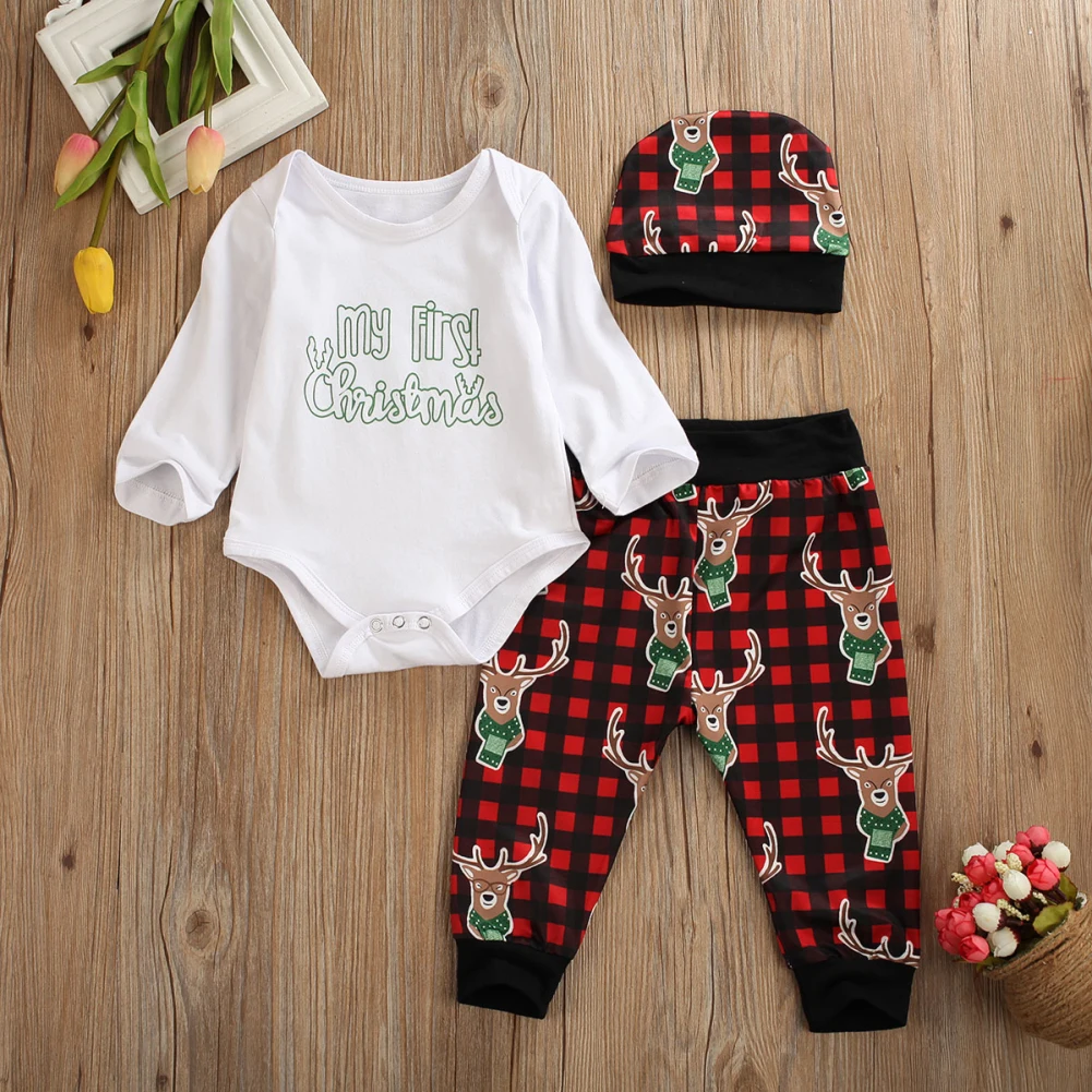 Одежда для малышей с надписью My First Christmas, для малышей Одежда для маленьких мальчиков и девочек боди с длинным рукавом+ штаны в клетку штаны+ шапочка, 3 предмета в комплекте, Наряд на Рождество