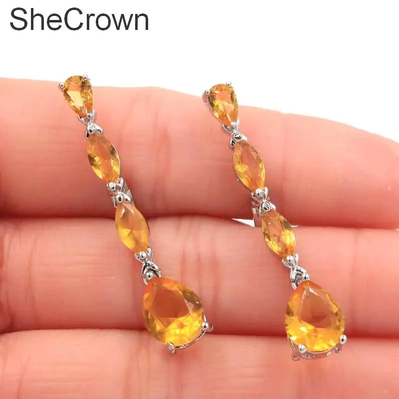

39x10mm Fancy Golden Citrine Woman's Party Silver Earrings