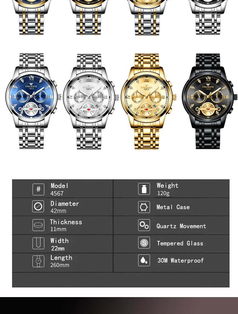 FNGEEN New Blue Quartz Watches Men Silver Gold Steel Waterproof Wristwatch Top Brand Luxury Casual Sport Mens Watch Reloj Hombre