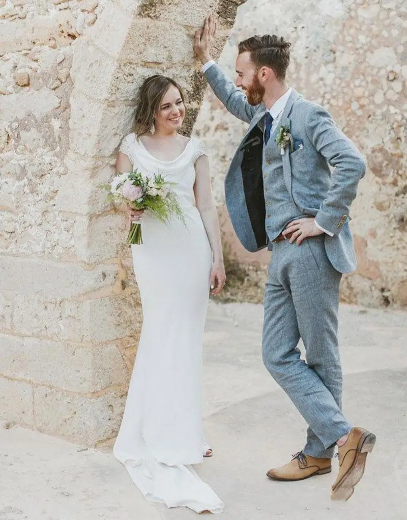 Spring Summer Custom Made Light Blue Linen Men Suits Wedding Suits Slim Fit 3 Pieces Tuxedos Best Man (Jacket+Pants+Vest)