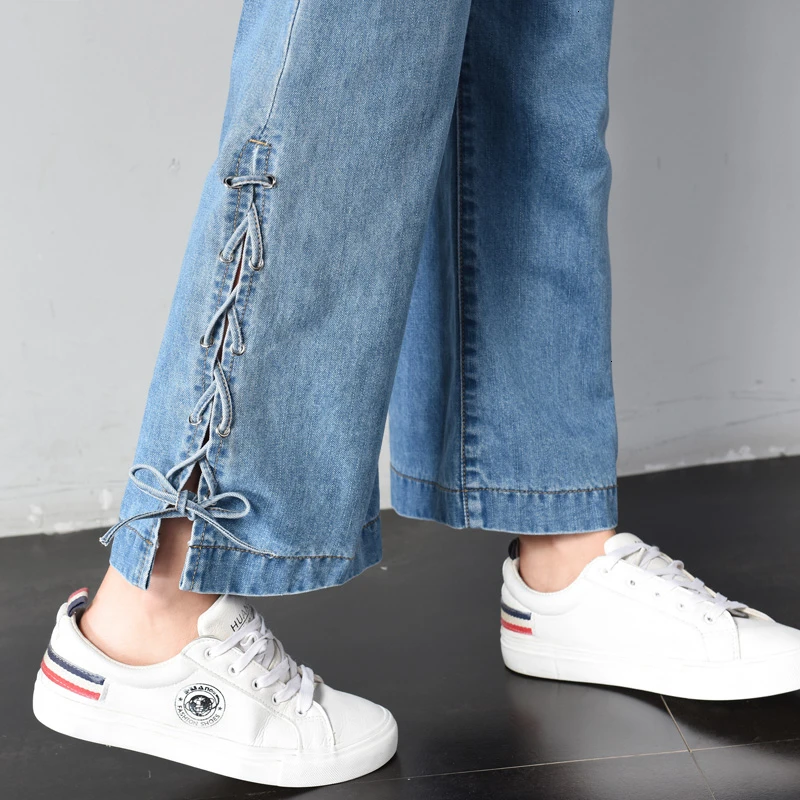 Повседневные корейские широкие брюки большого размера свободный пояс брюки тренд дикая Швабра 2019 Осенние Синие женские джинсы