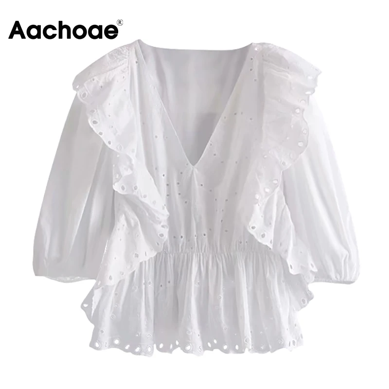 Aachoae Women Hollow Out White Embroidered Blouse V Neck Stylish Ruffles Cotton Shirt Lantern Sleeve Solid Causal Tops Blusas Aachoae Women Hollow Out White Embroidered Blouse V Neck Stylish Ruffles Cotton Shirt Lantern Sleeve Solid Causal Tops Blusas