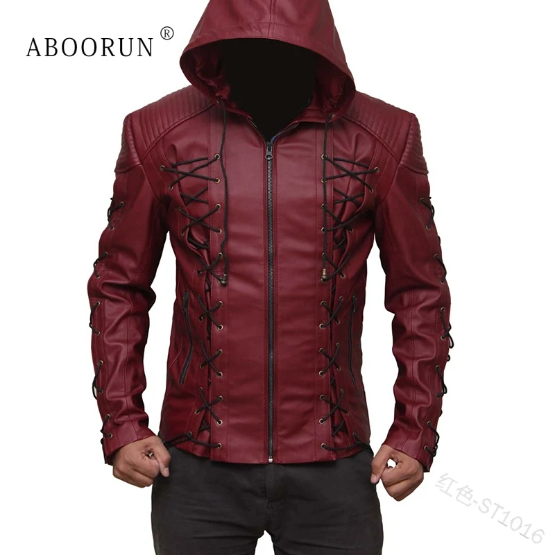 

ABOORUN Men's Motorcycle Leather Jackets Drawstring Pleated Hooded Coat Plus Size 5XL Red Black Leather Coat for Male