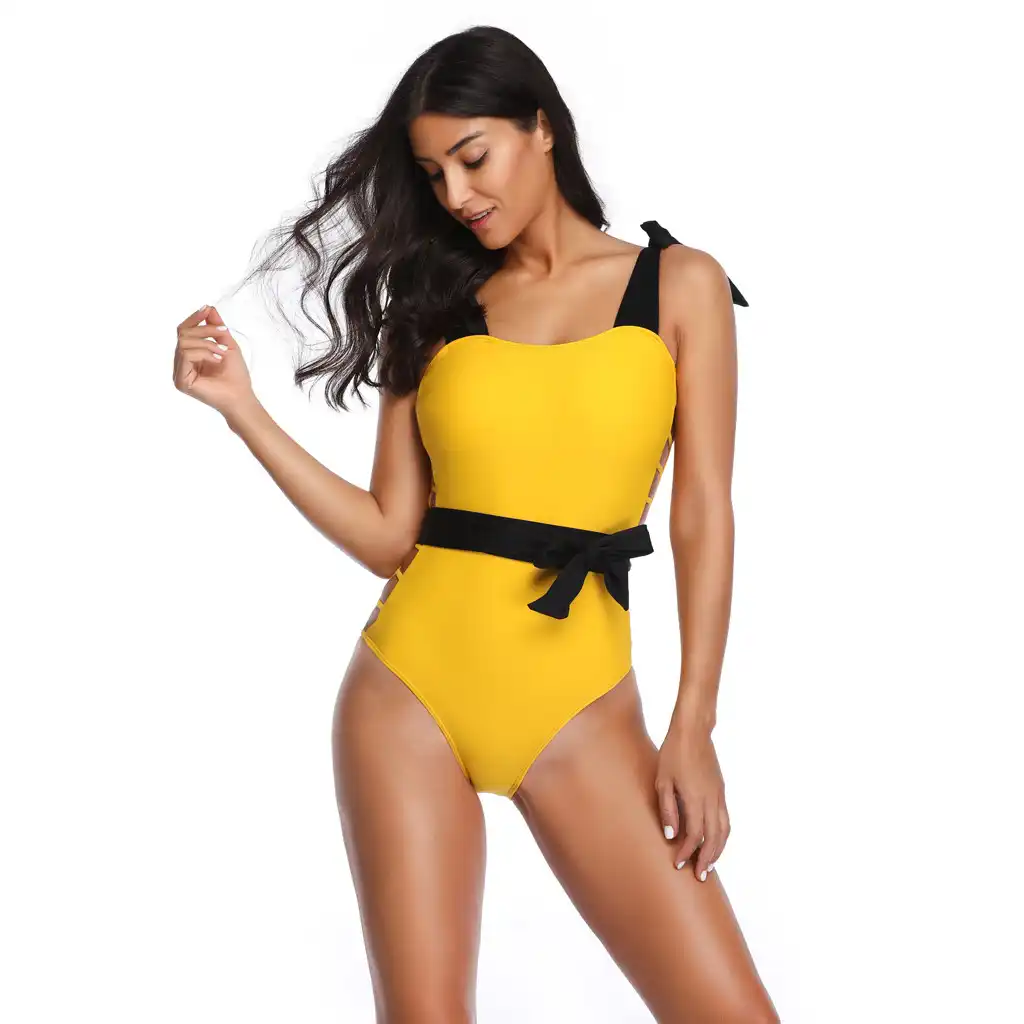 black and yellow one piece bathing suit