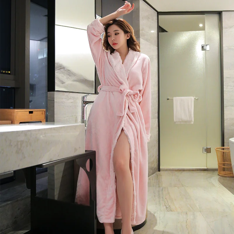 Pink Fur Pink Robe Для женщин удлиненные размера плюс зима теплый халат Термальность мех розовый банный халат невесты Халаты Для мужчин ночное кимоно, одежда для сна - Цвет: Pink Fur Pink Robe