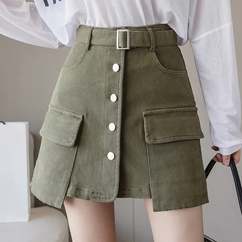 

Women Denim Skirt Summer Fashion Solid Belt Causal A-Line Button Denim Skirt 2020 Female Elegant Mini Pocket Elegant Skirt