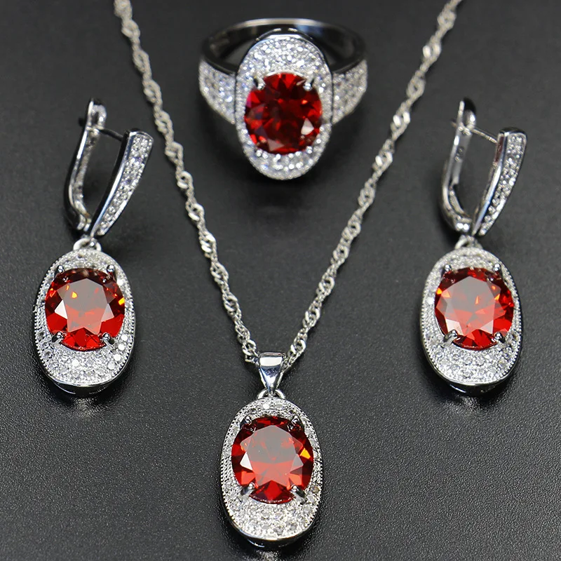 Red Garnet Bague Ringen Серебро 925 драгоценные камни Ювелирные наборы для женщин кольцо серьги ожерелье сапфир рубиновый Аметист женская свадебная - Цвет камня: Red Garnet