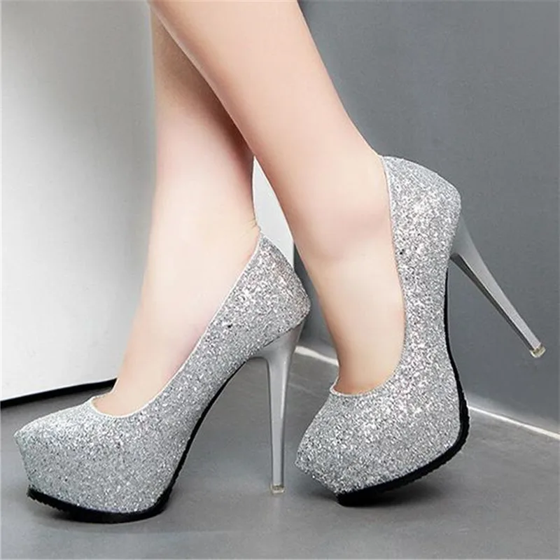 

New Shoes Women Pump Ladies Shallow Mouth Sequined Cloth Stilettos 12CM High Heels Elegant Platform Sexy Party Wedding Shoes