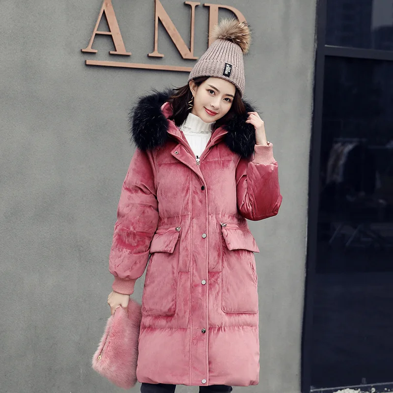 Manufacturers Direct Selling Gold Velvet Large Size Coat Korean-style Mid-length Loose-Fit Large Fur Collar Hooded White Duck do