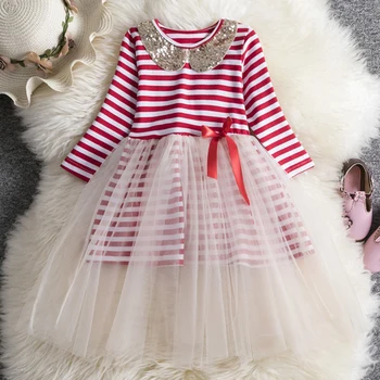 

Kids Party Dresses Spring Baby Girls Long Sleeves Lace Dress 2-8 Yrs Baby Girls Striped Sequins Dress Leisure Children Clothing