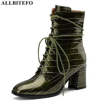 

ALLBITEFO Stone texture green fashion motocycle boots high heels women ankle boots high heel shoes ankle boots women boots