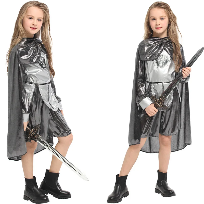 

Halloween cosplay costumes Shining Silver Medieval Warrior Knight Costume Girls Purim Carnival Party Masquerade Dress / Cape
