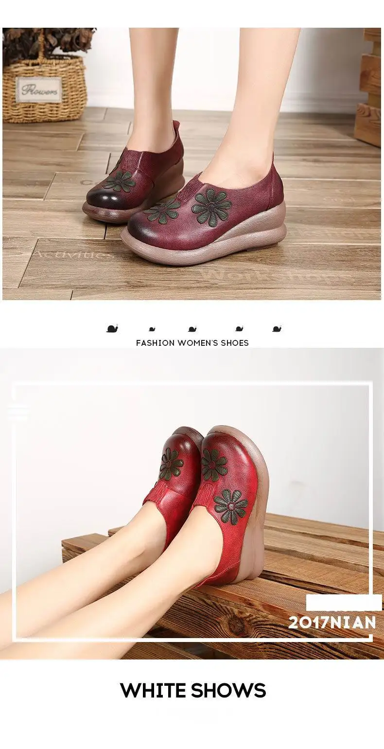 GKTINOO/женские модные туфли на высокой танкетке с вышитыми цветами; женская обувь из натуральной кожи в этническом стиле; женские туфли-лодочки