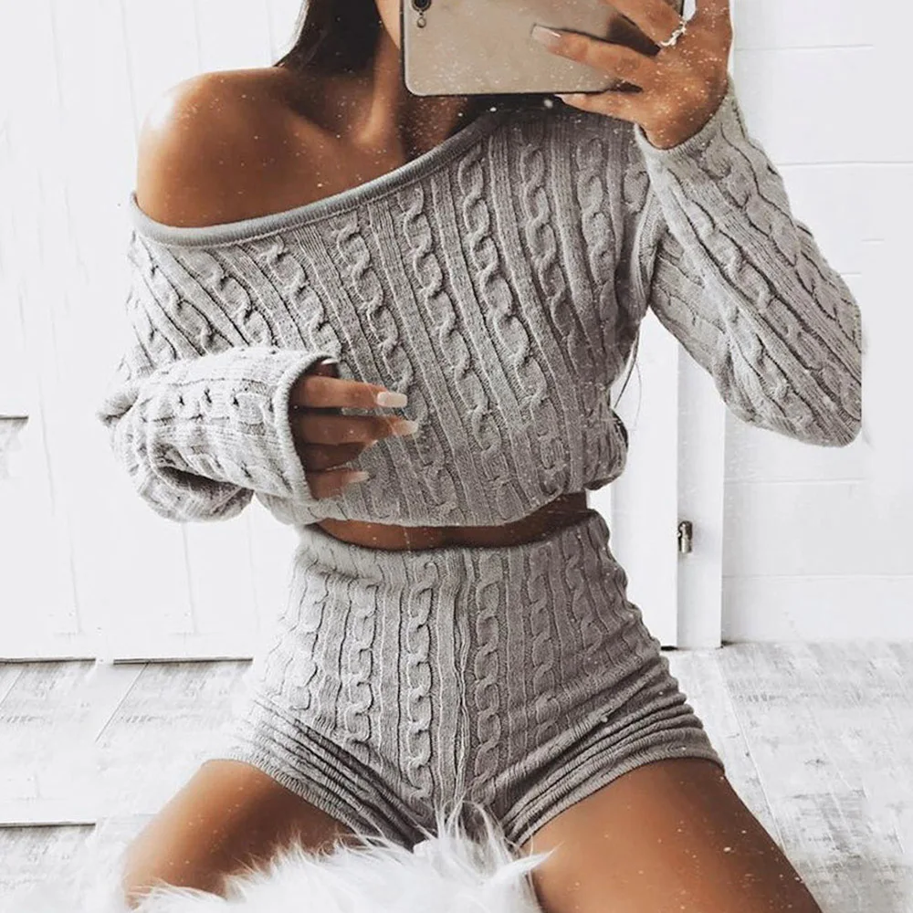 2020 Two Piece Sweater Set Women Knitted Twist Long Sleeve Crop Tops + Bodycon Shorts Sexy Outfit Suit Autumn Streetwear Sets