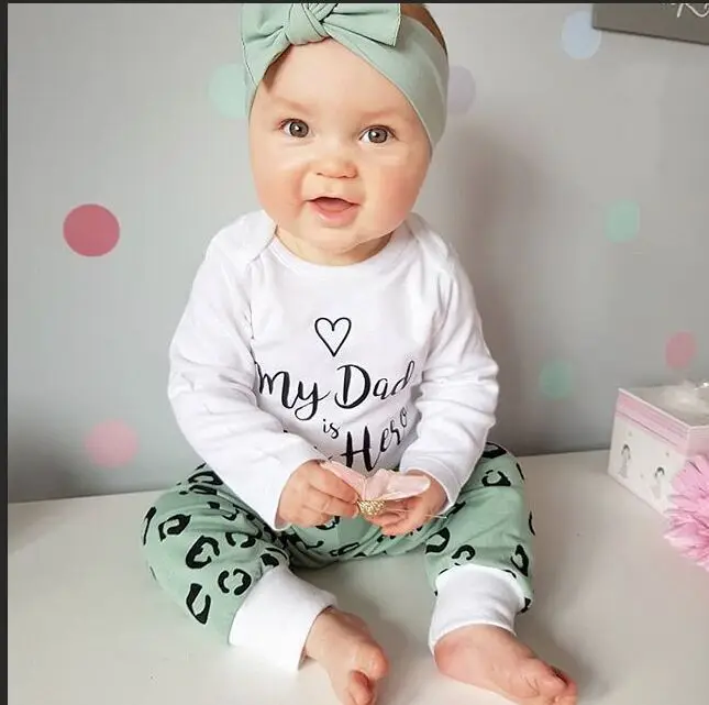 

Newborn Casual Outfits Infant Long Sleeve Round Neck Letter Print Romper + Leopard Trousers + Solid Color Bow Headband