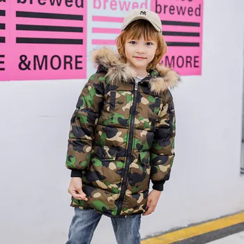 

Winter Long Cotton Coat Fur Collar Camouflage Fashion Hooded Outwear Boys Girls Padded-Cotton Clothes Children's Warm Jacket