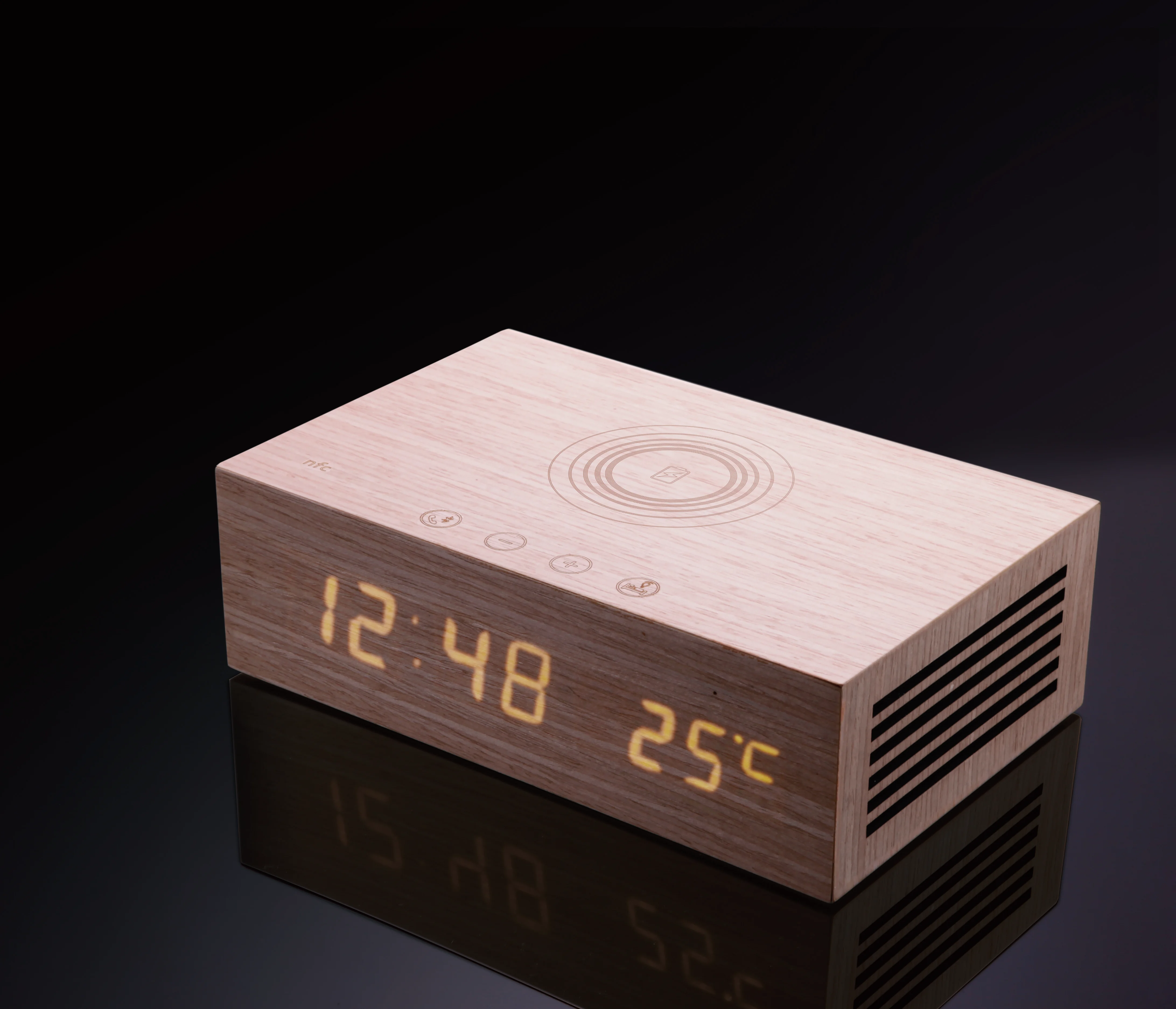 

Homtime Wireless Charging Bluetooth Speaker Alarm Clock with Wood Grain Design SpeakerS and Bright LED Display For iPhone X