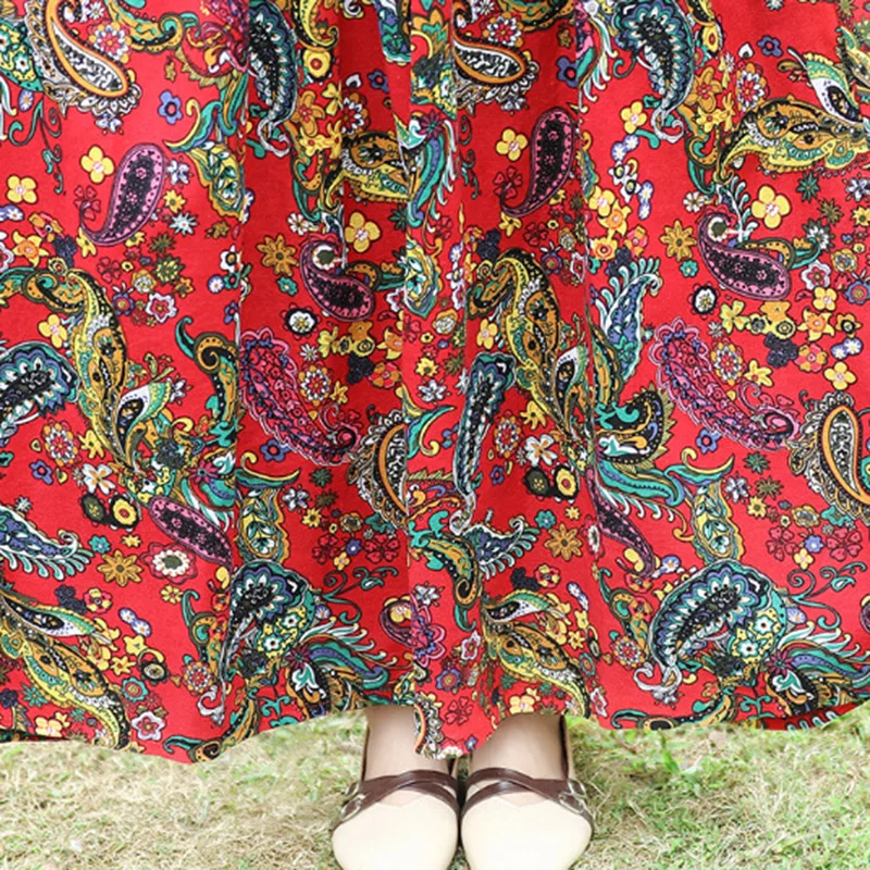 Женское винтажное платье осень Цветочный Хлопок Лен с рисунком платье с О-образным вырезом три четверти рукав Высокая талия плиссированный карман Макси платье