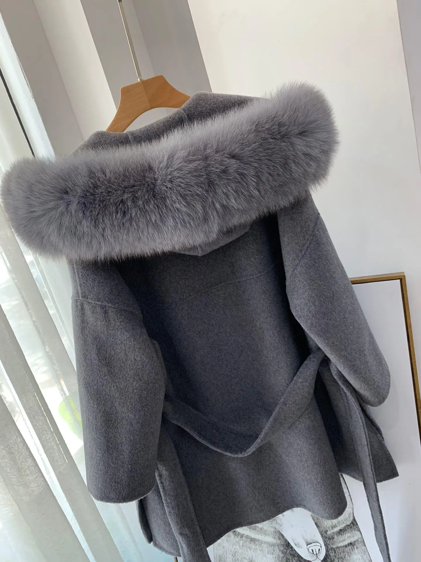 Korea style female long double-sided fur coat loose with fur collar soft double-sided wool outwear with belt for women