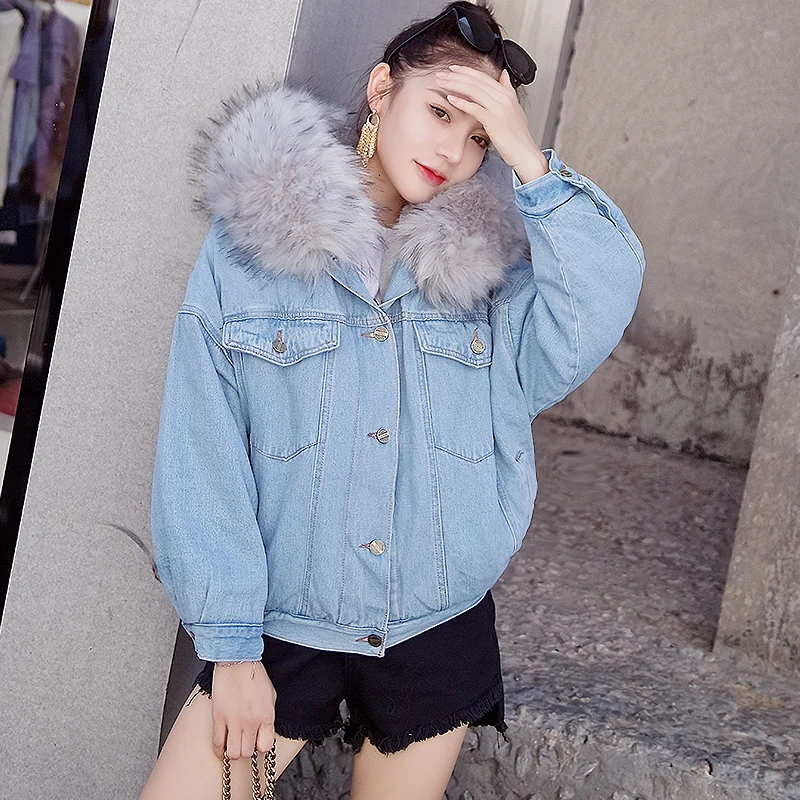Fashion Tide New Autumn And Winter Fashion Wild Single-breasted Loose Cotton Suit Plus Velvet Thick Denim Jacket Female PA791