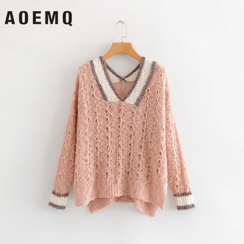 

AOMEQ Fashion Women Sweaters V-Neck Open Back Winter Sweaters Breathable Hole Striped Print Christmas Sweaters Women Clothing