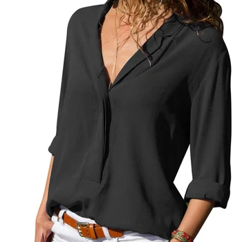 

Women Blouses Autumn Long Sleeve Office Lady Shirt Stylish Casual Solid Color Blouse Plus Size 5XL Loose V-collar Shirts 2020