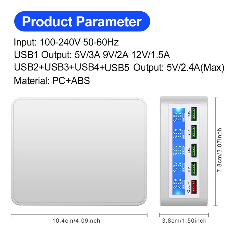 AIXXCO USB Quick Charger 40W 5-Port LED Display