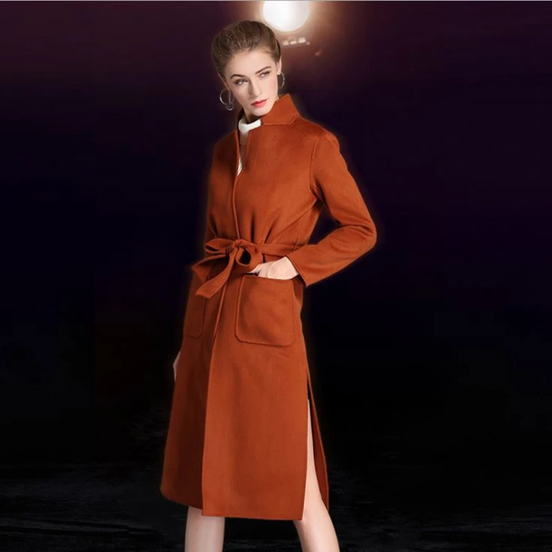 color same picture Зимнее шерстяное Женское пальто, шерстяная черная куртка, корейские женские тонкие пальто, теплая Женская одежда с поясом, двустороннее длинное пальто средней длины - Цвет: color same picture