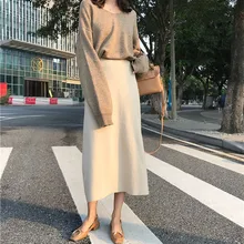 Осенняя Женская однотонная трикотажная юбка с завышенной талией, средняя удлиненная юбка, элегантные черные юбки