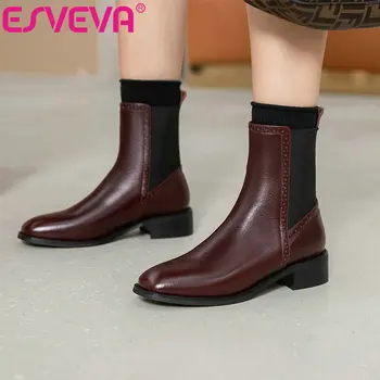 

ESVEVA 2021 Round Toe Square Heel Leather+PU All Match Ankle Boots Platform Women Boots Slip On Shoes Boots Size 34-39