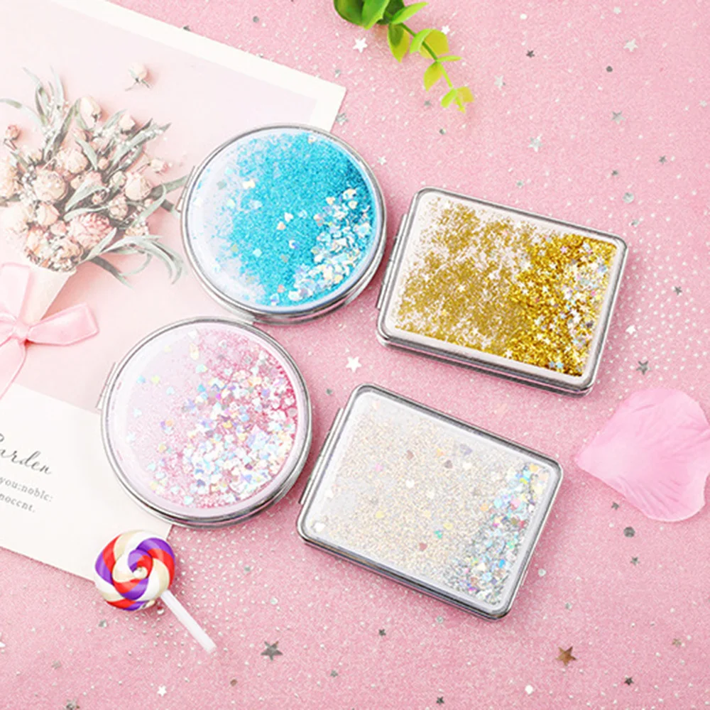 Fashion Women Mini Pocket Makeup Mirror Creative Cosmetic Compact Mirrors With flowing sparkling sand can wholesale Lettering