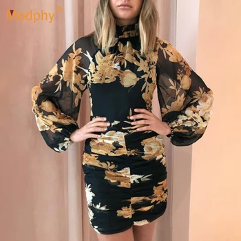 

Runway Designer Printed Mini Dresses Party New Arrival Women Lantern Sleeve Bodycon Folds Dress 2020 Autumn Fashion New Female