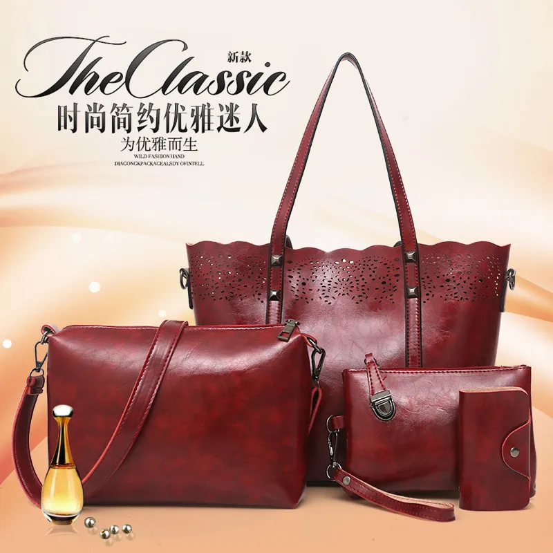 

2017 Retro Oil Wax Leather Large-Volume Hollow out Women's Different Size Bags Four-piece Set One-Shoulder Diagonal Handbag