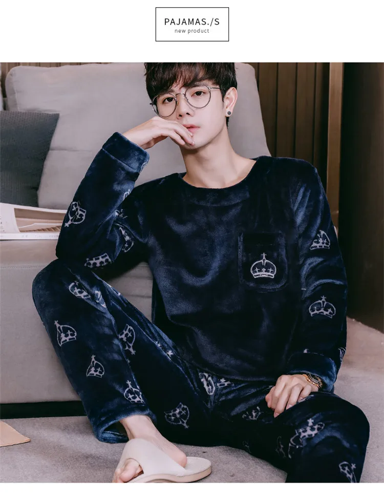 Thicken Flannel Men's Pajamas Two Piece Fashion Print Feather Home Clothes Loose Soft Homewear Pajamas Warm Winter 2Pieces/Set satin pajamas