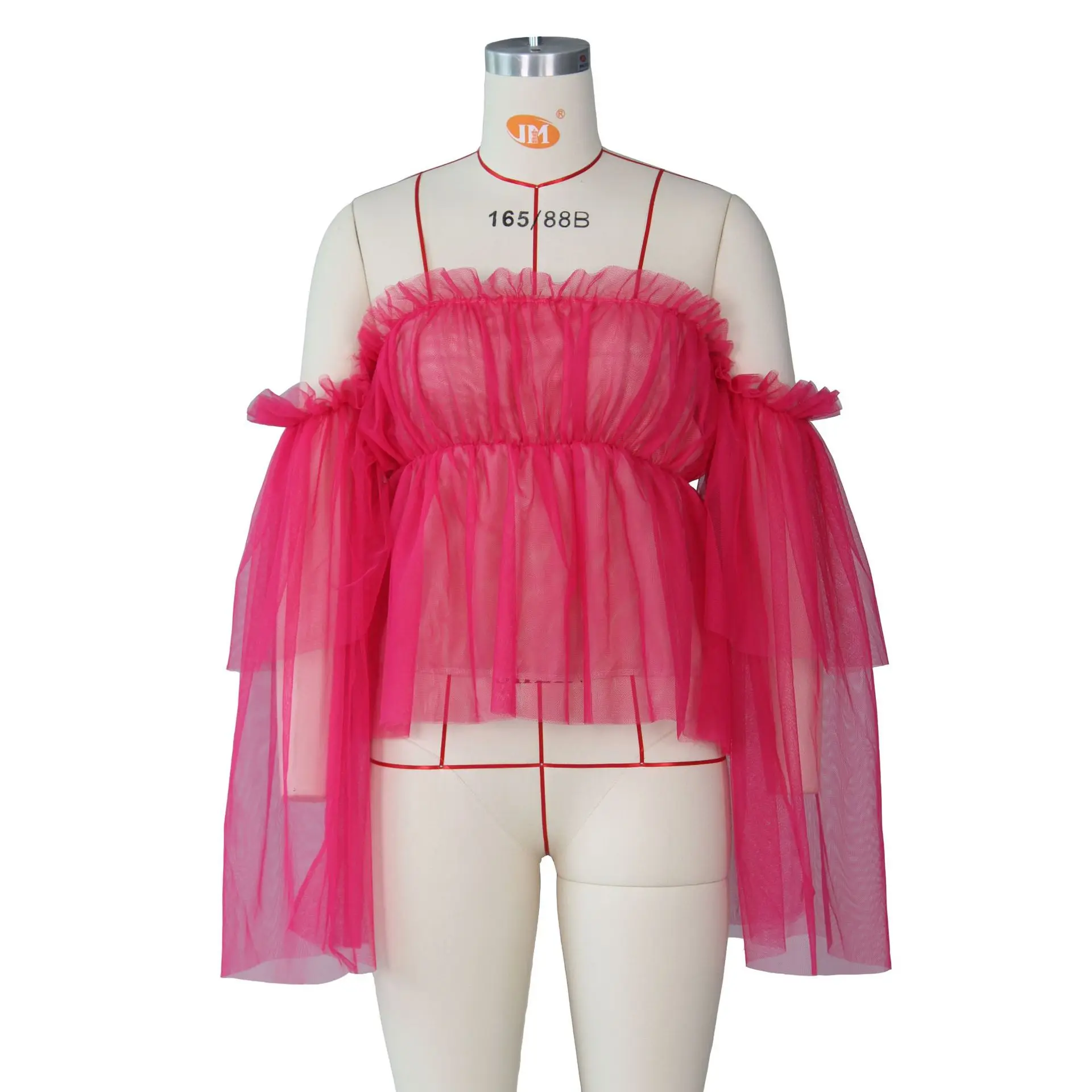Элегантная сетчатая белая блузка с оборками, женская рубашка с длинным рукавом, розовая блузка с баской, сексуальные прозрачные блузы с открытыми плечами, топы размера плюс - Цвет: Rose Red