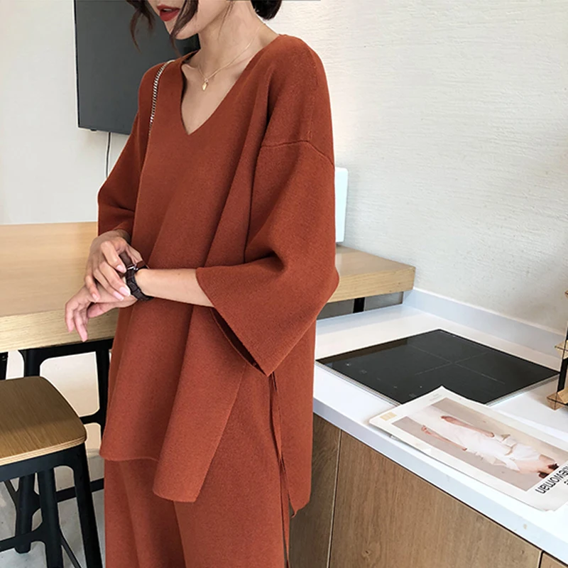 Aseven knitted suits female easing of autumn new fund split wide-legged pants twinset sweater big yards