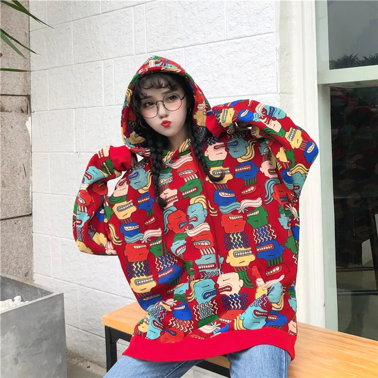 Neploe, осенние женские толстовки Harajuku, мультяшный принт, свободный карман, толстовка с капюшоном, негабаритный Женский пуловер, джемперы 55380