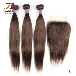 3 Bundles with Closure Transparent Lace Middle Part 200g/set Straight Remy Human Hair Weave Black Brown Ombre Honey Blonde Bobbi