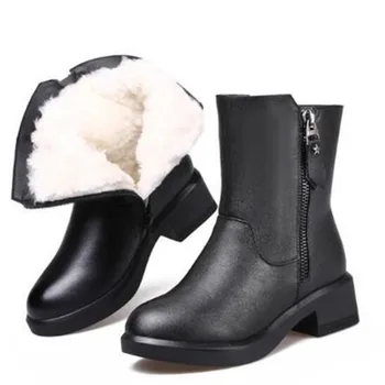 

2019 New Winter Snow Boots Women Elegant Black Genuine Leather Shoes Woman Boots Comfort Non-slip Women Warm Shoes Wool boots
