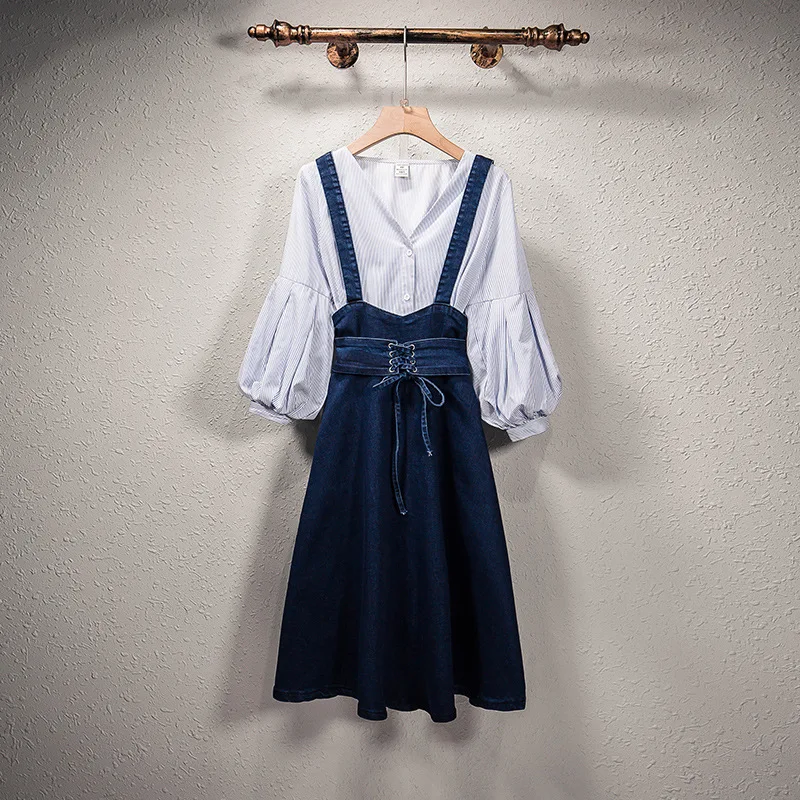 

Photo Shoot 2019 Autumn Large Size Dress Large GIRL'S Plus-sized Cowboy Strap Dress + V-neck Shirt Two-Piece Women's