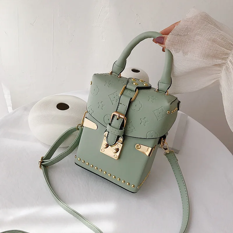 

2019 New Style Fashion Korean-style Printed Small Box Bag Versatile Box Rivet Handbag Shoulder WOMEN'S Bag
