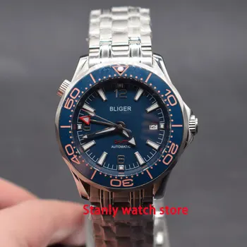 

Bliger 41mm blue dial luminous marks ceramic rotating bezel GMT function self-winding movement men's wrist watches
