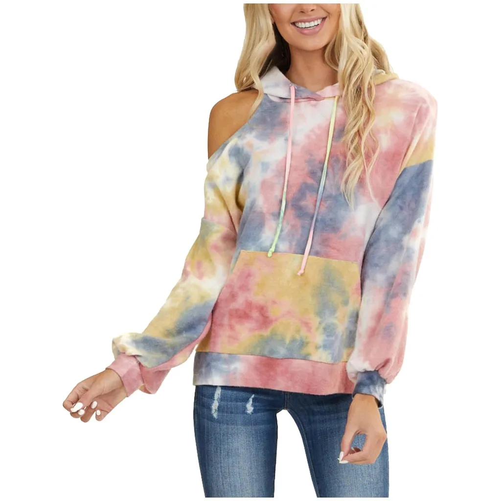 Women Leopard/star/tie-dye Print Sweatshirts Sexy Shoulder Long Sleeve Pocket Drawstring Hoodie Pullover Tops Mujer De Moda
