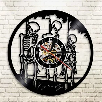 

Treble Skulls Hangman On Rope Skeletons Wall Clock Made Of Real Vinyl Record Halloween Hang Them High LED Night Lamp Duv